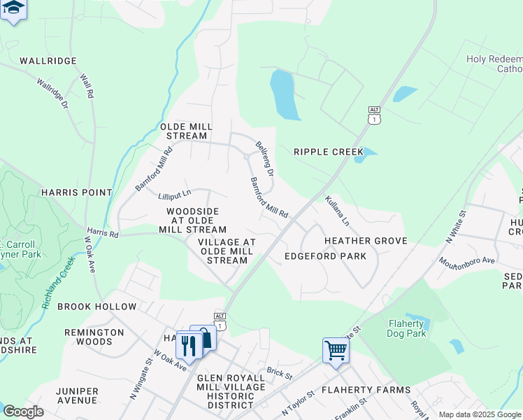 map of restaurants, bars, coffee shops, grocery stores, and more near 621 Battleboro Drive in Wake Forest