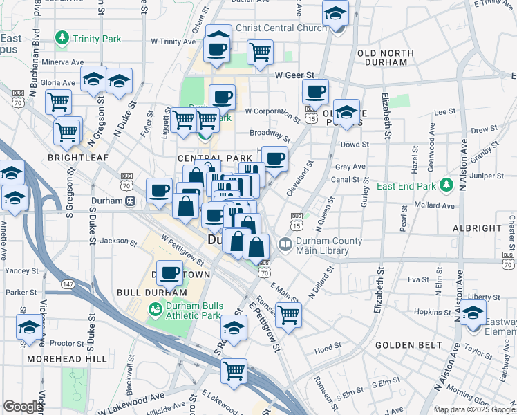 map of restaurants, bars, coffee shops, grocery stores, and more near 400 North Mangum Street in Durham