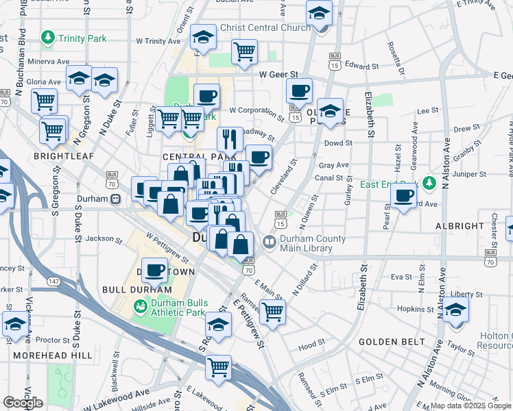 map of restaurants, bars, coffee shops, grocery stores, and more near 511 Cleveland Street in Durham