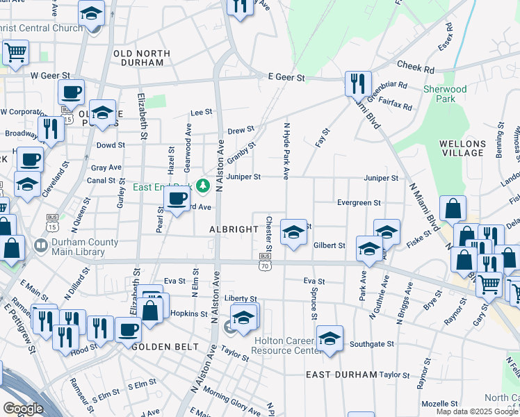 map of restaurants, bars, coffee shops, grocery stores, and more near 1011 Lowry Avenue in Durham