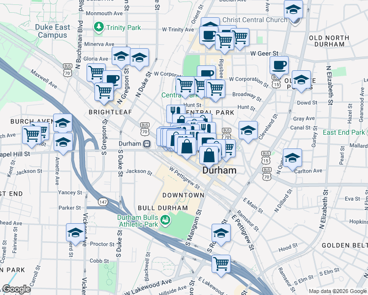 map of restaurants, bars, coffee shops, grocery stores, and more near 309 West Morgan Street in Durham