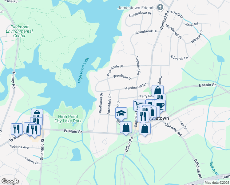map of restaurants, bars, coffee shops, grocery stores, and more near 303 Mendenhall Road in Jamestown
