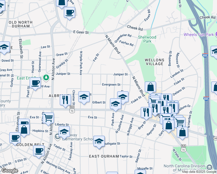 map of restaurants, bars, coffee shops, grocery stores, and more near 1112 North Driver Street in Durham