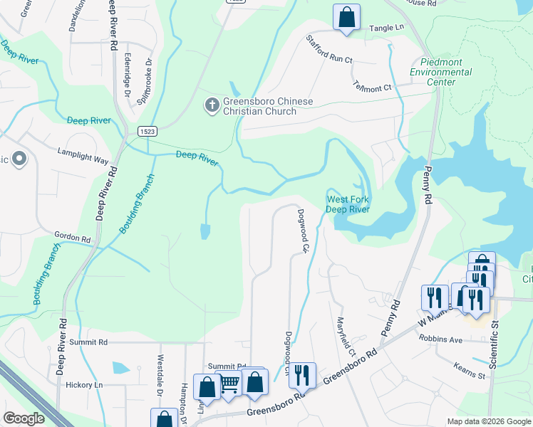 map of restaurants, bars, coffee shops, grocery stores, and more near 529 Dogwood Circle in High Point