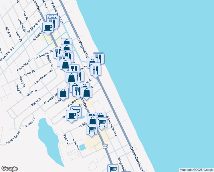 map of restaurants, bars, coffee shops, grocery stores, and more near 2001 South Virginia Dare Trail in Kill Devil Hills