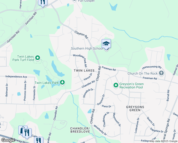 map of restaurants, bars, coffee shops, grocery stores, and more near 3406 Woodland Park Road in Durham