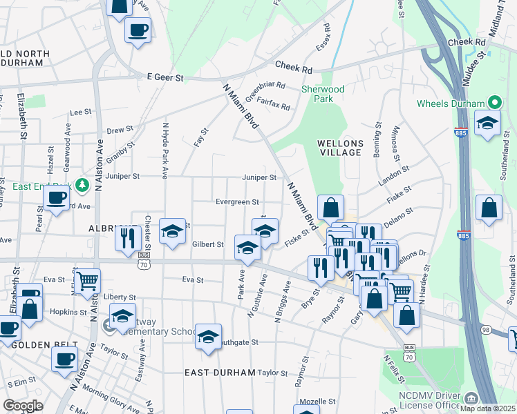 map of restaurants, bars, coffee shops, grocery stores, and more near 1109 Alma Street in Durham