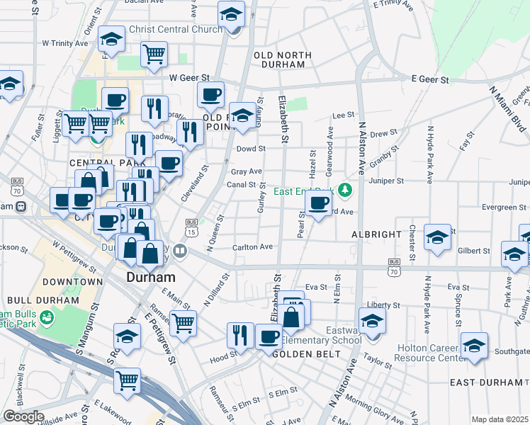 map of restaurants, bars, coffee shops, grocery stores, and more near 505 North Elizabeth Street in Durham