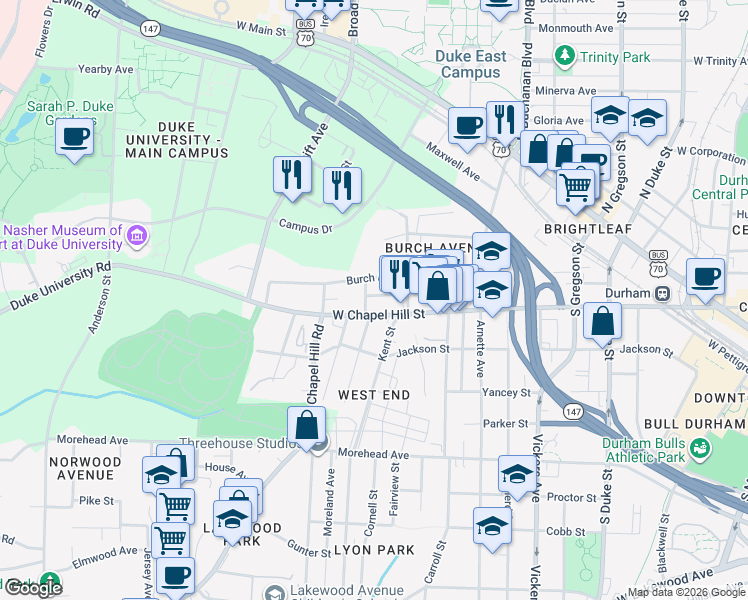 map of restaurants, bars, coffee shops, grocery stores, and more near 1306 West Chapel Hill Street in Durham