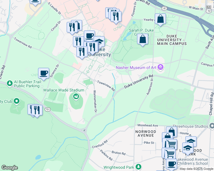 map of restaurants, bars, coffee shops, grocery stores, and more near 407 Towerview Road in Durham