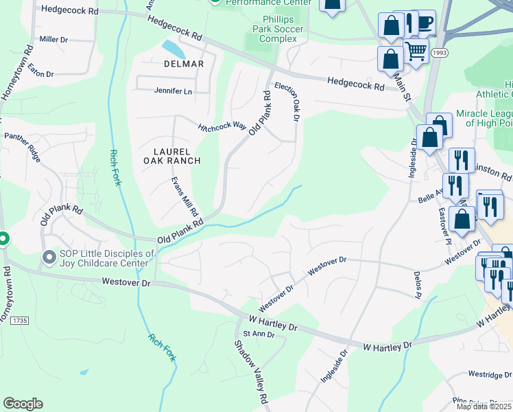 map of restaurants, bars, coffee shops, grocery stores, and more near 5708 Election Oak Drive in High Point