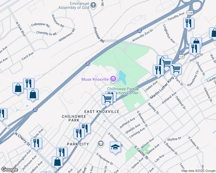 map of restaurants, bars, coffee shops, grocery stores, and more near 533 North Beaman Street in Knoxville