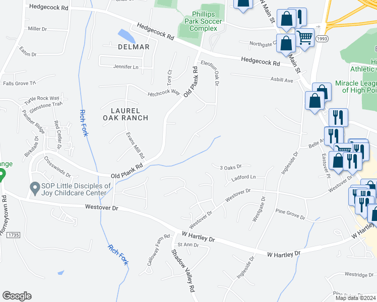 map of restaurants, bars, coffee shops, grocery stores, and more near 5708 Election Oak Drive in High Point