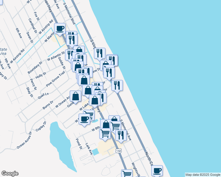 map of restaurants, bars, coffee shops, grocery stores, and more near 403 East Lake Drive in Kill Devil Hills