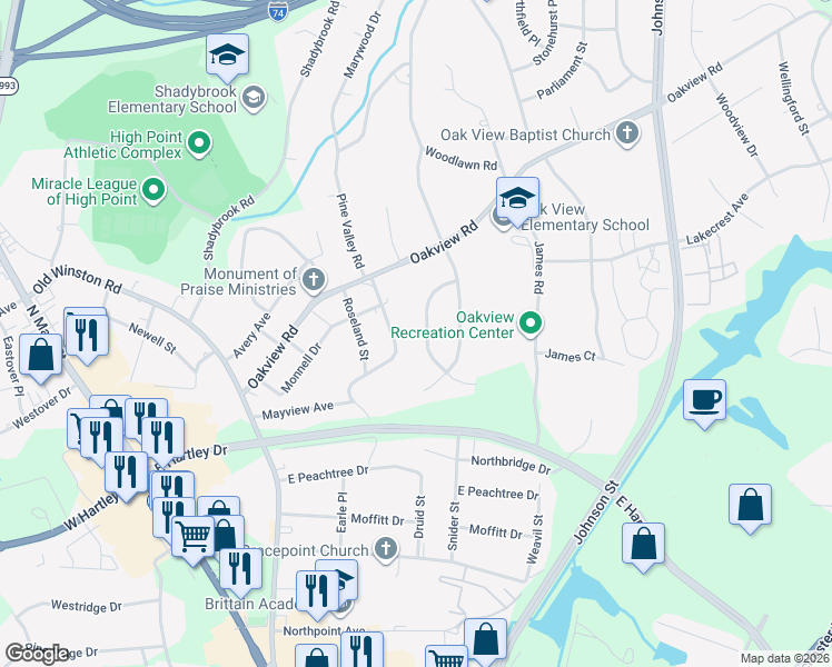 map of restaurants, bars, coffee shops, grocery stores, and more near 3210 Pine Needles Road in High Point