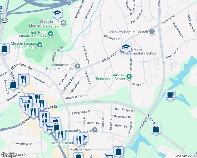 map of restaurants, bars, coffee shops, grocery stores, and more near 3315 Pine Valley Road in High Point