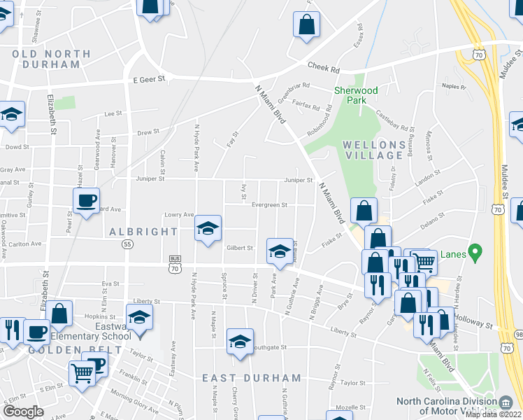 map of restaurants, bars, coffee shops, grocery stores, and more near 1112 North Driver Street in Durham