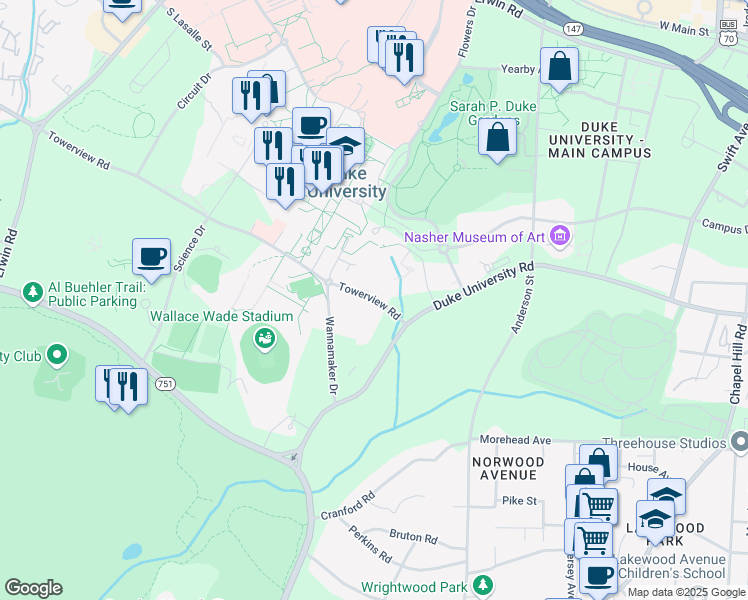 map of restaurants, bars, coffee shops, grocery stores, and more near 415 Towerview Road in Durham