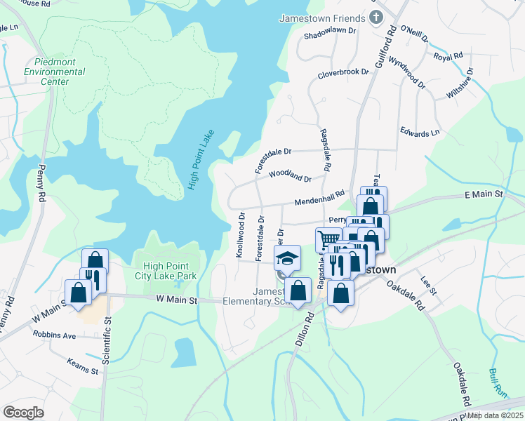 map of restaurants, bars, coffee shops, grocery stores, and more near 216 Forestdale Drive in Jamestown