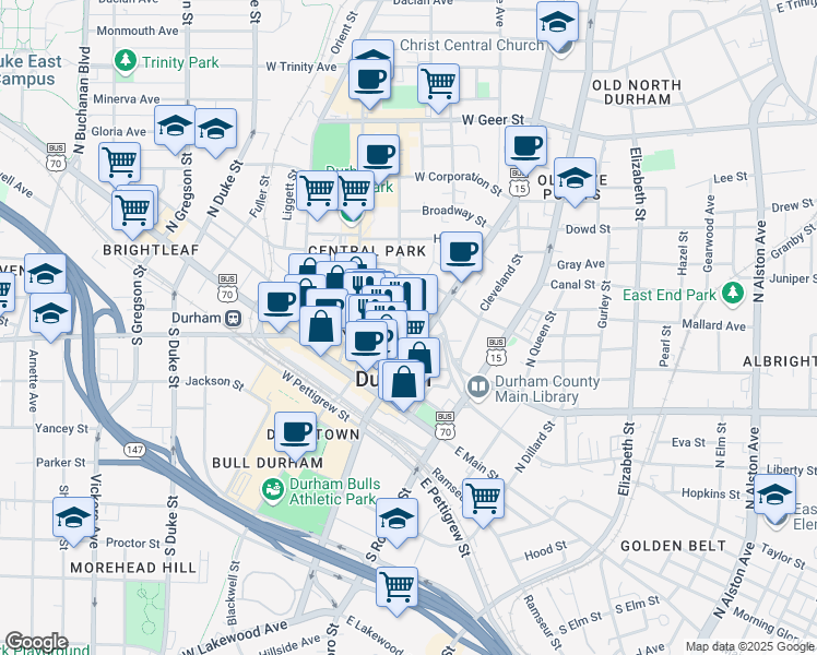 map of restaurants, bars, coffee shops, grocery stores, and more near 200 Rigsbee Avenue in Durham