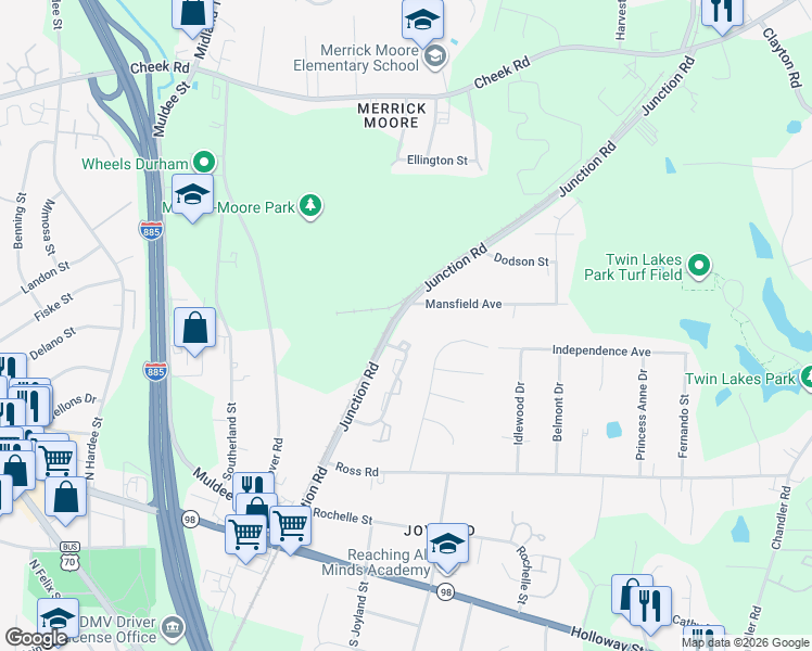 map of restaurants, bars, coffee shops, grocery stores, and more near 510 Junction Road in Durham