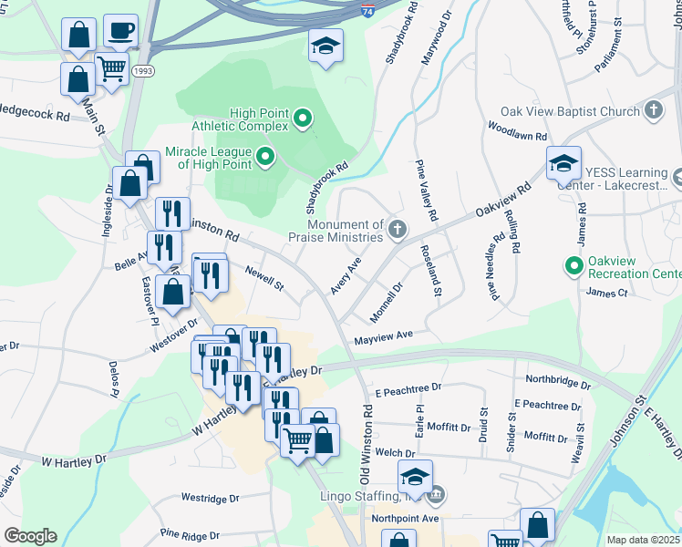 map of restaurants, bars, coffee shops, grocery stores, and more near 111 Avery Avenue in High Point