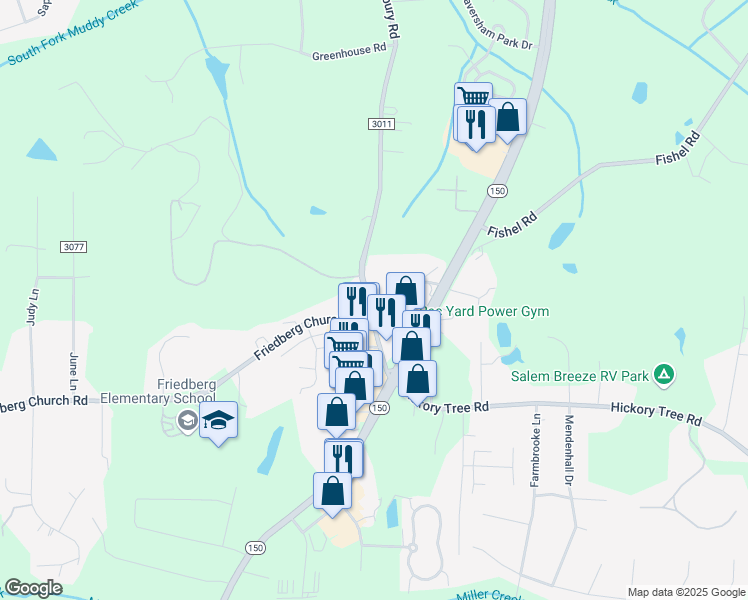 map of restaurants, bars, coffee shops, grocery stores, and more near 3345 Old Salisbury Road in Winston-Salem