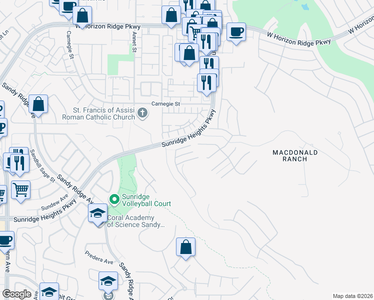 map of restaurants, bars, coffee shops, grocery stores, and more near 2260 Sunrise Ridge Court in Henderson