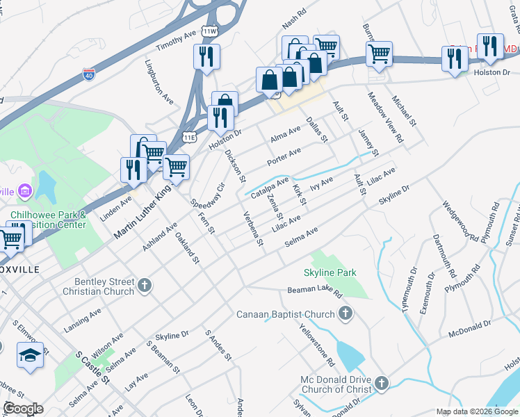 map of restaurants, bars, coffee shops, grocery stores, and more near 3817 Ivy Avenue in Knoxville