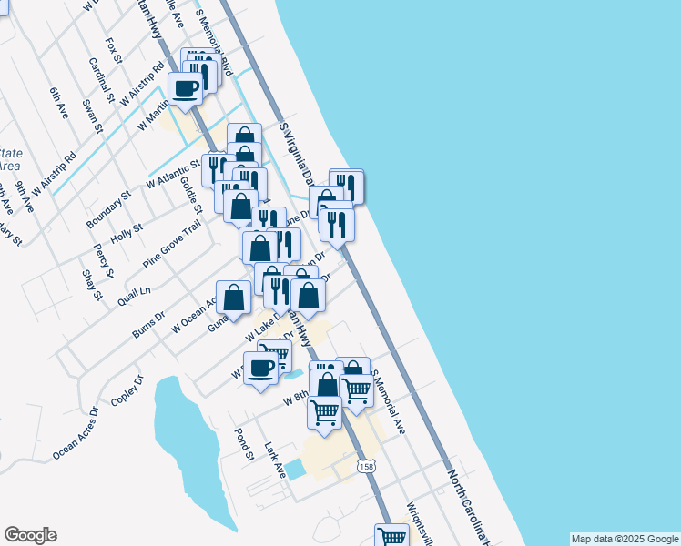 map of restaurants, bars, coffee shops, grocery stores, and more near 403 East Lake Drive in Kill Devil Hills