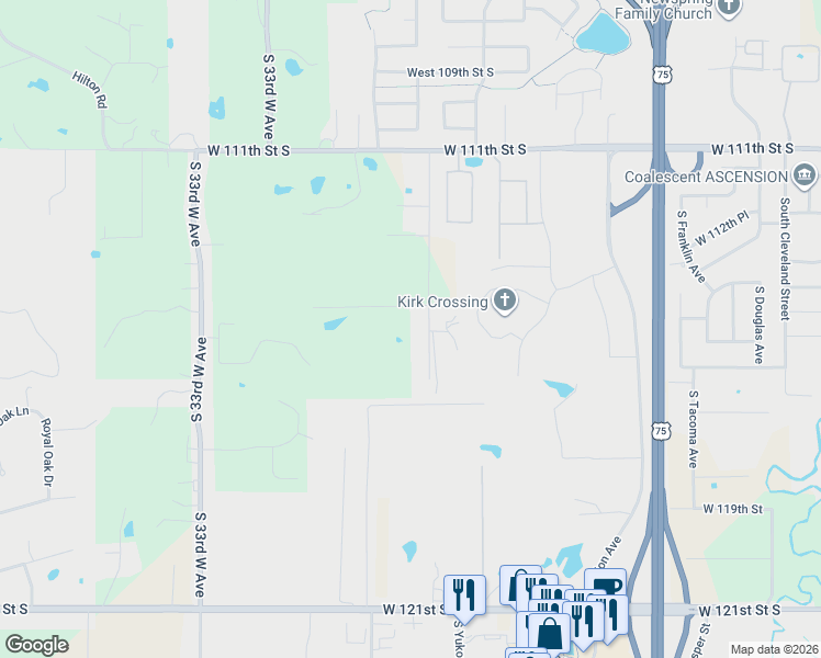 map of restaurants, bars, coffee shops, grocery stores, and more near 11440 South 26th West Avenue in Jenks