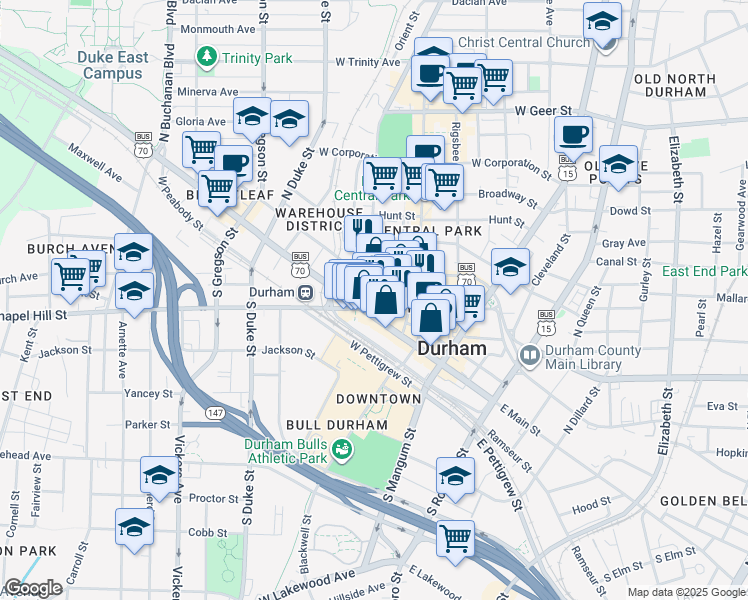 map of restaurants, bars, coffee shops, grocery stores, and more near 309 West Morgan Street in Durham