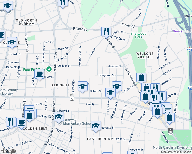 map of restaurants, bars, coffee shops, grocery stores, and more near 1210 Evergreen Street in Durham