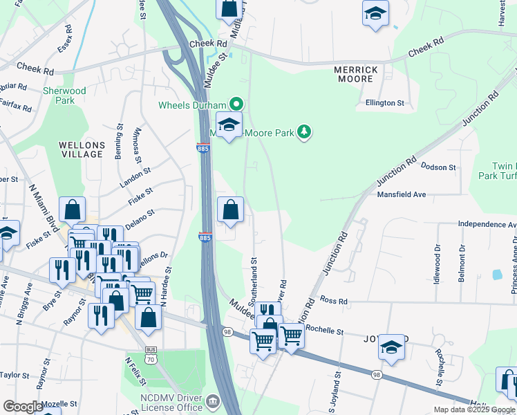 map of restaurants, bars, coffee shops, grocery stores, and more near 324 Southerland Street in Durham