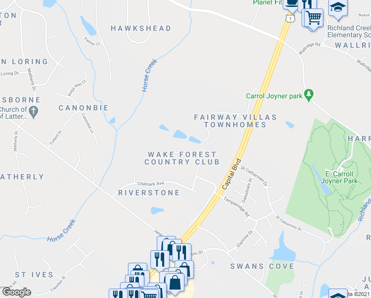 map of restaurants, bars, coffee shops, grocery stores, and more near 1336 Country Club Drive in Wake Forest