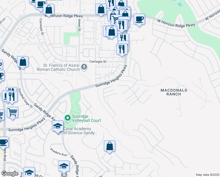 map of restaurants, bars, coffee shops, grocery stores, and more near 2260 Sunrise Ridge Court in Henderson