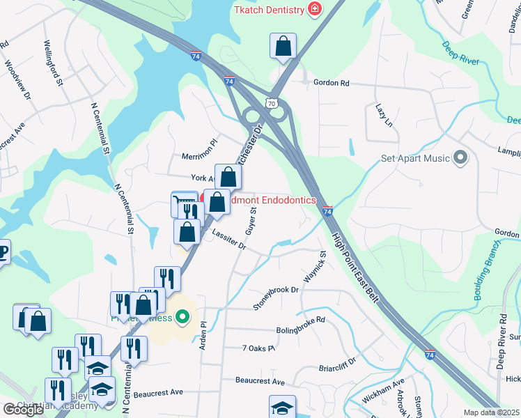 map of restaurants, bars, coffee shops, grocery stores, and more near 2504 Ambassador Court in High Point