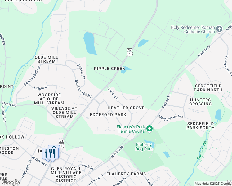 map of restaurants, bars, coffee shops, grocery stores, and more near 117 Kullana Lane in Wake Forest