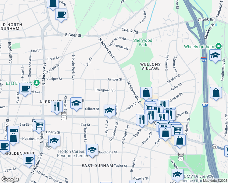 map of restaurants, bars, coffee shops, grocery stores, and more near 1111 Alma Street in Durham