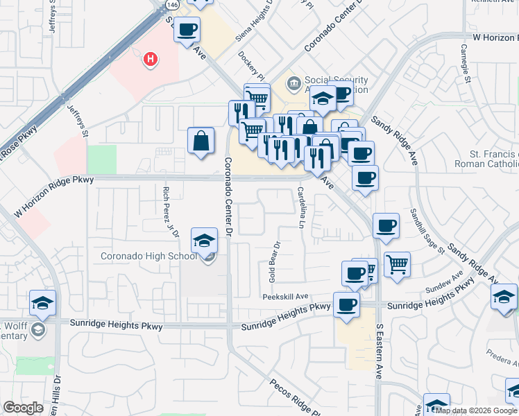 map of restaurants, bars, coffee shops, grocery stores, and more near 2748 Pine Flat Court in Henderson
