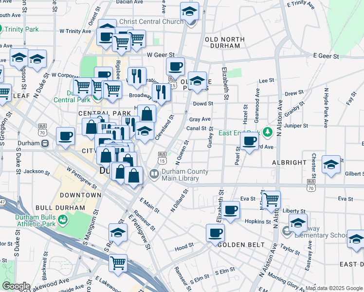 map of restaurants, bars, coffee shops, grocery stores, and more near in Durham