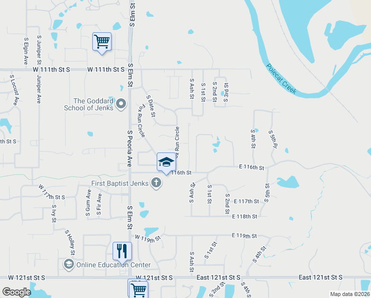 map of restaurants, bars, coffee shops, grocery stores, and more near 125 Fox Run Circle in Jenks