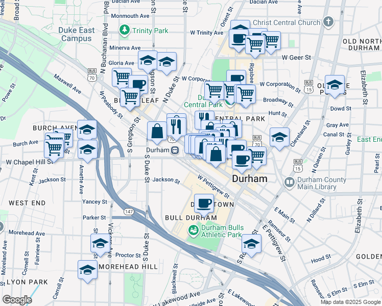 map of restaurants, bars, coffee shops, grocery stores, and more near 341 West Main Street in Durham