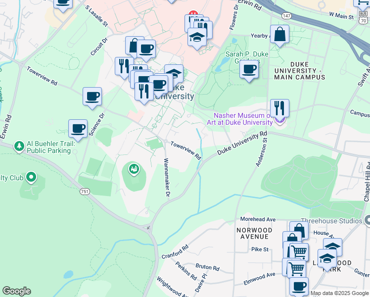 map of restaurants, bars, coffee shops, grocery stores, and more near 415 Towerview Road in Durham