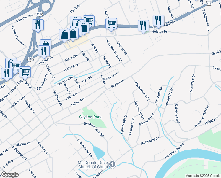map of restaurants, bars, coffee shops, grocery stores, and more near 4204 Skyline Drive in Knoxville