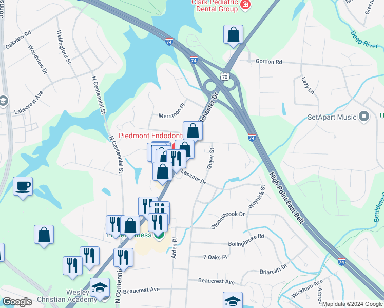 map of restaurants, bars, coffee shops, grocery stores, and more near 1400 Eastchester Drive in High Point