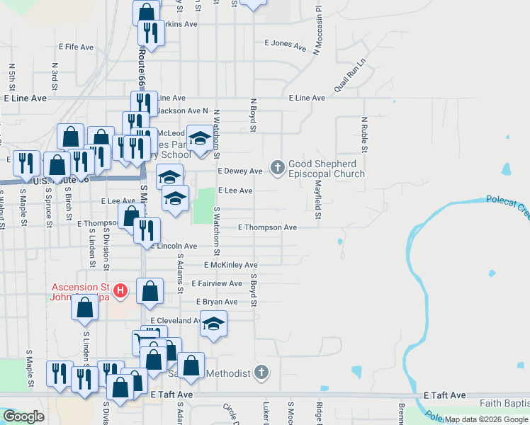 map of restaurants, bars, coffee shops, grocery stores, and more near 1415 East Thompson Avenue in Sapulpa