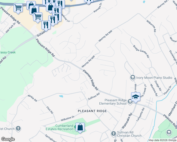 map of restaurants, bars, coffee shops, grocery stores, and more near 6206 Pleasant Ridge Road in Knoxville