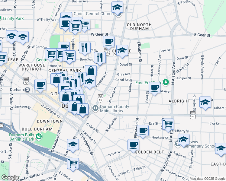 map of restaurants, bars, coffee shops, grocery stores, and more near 604 North Queen Street in Durham