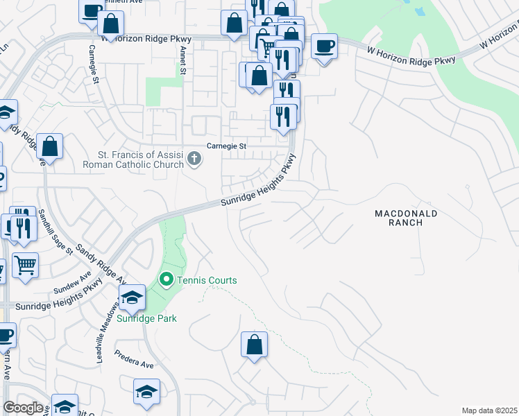 map of restaurants, bars, coffee shops, grocery stores, and more near 2256 Sunrise Ridge Court in Henderson